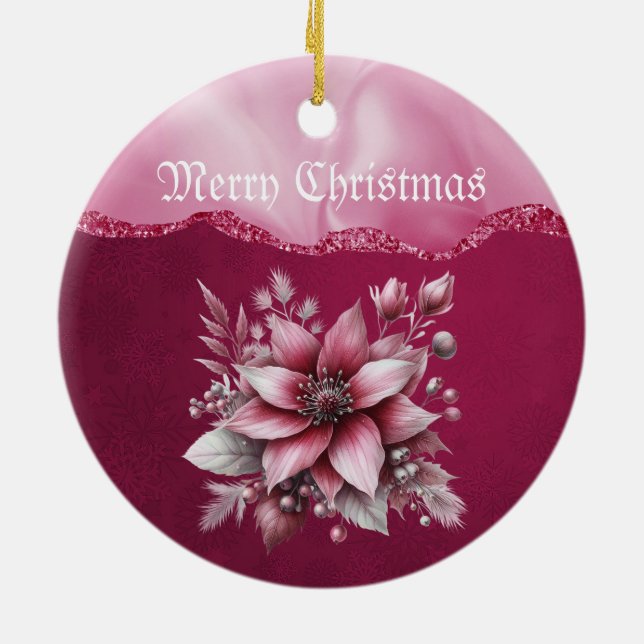 Cerâmica Ornamento de Natal Floral Rosa (Traseira)