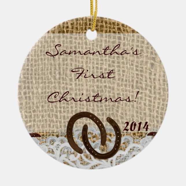 Cerâmica Ornamento de Nome Personalizado de Burlap Rustic C (Frente)
