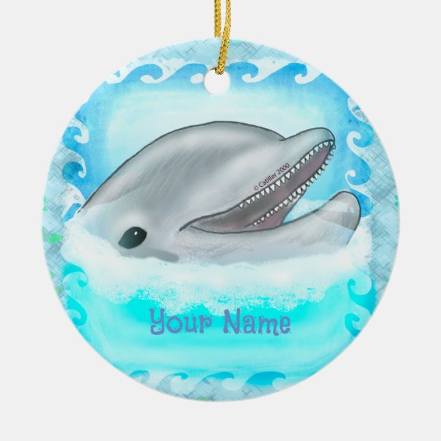 Cerâmica Ornamento de nome personalizado de Dolphin Play (Frente)