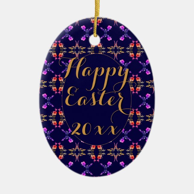 Cerâmica Ornamento de Ovos com Padrão de Rosa de páscoa de (Frente)