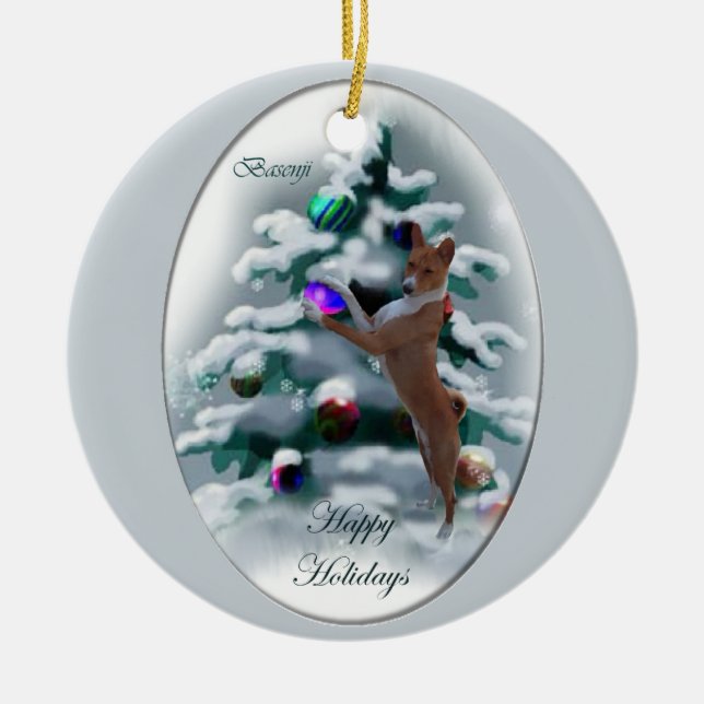 Cerâmica Ornamento de Presentes de Natal Basenji (Frente)