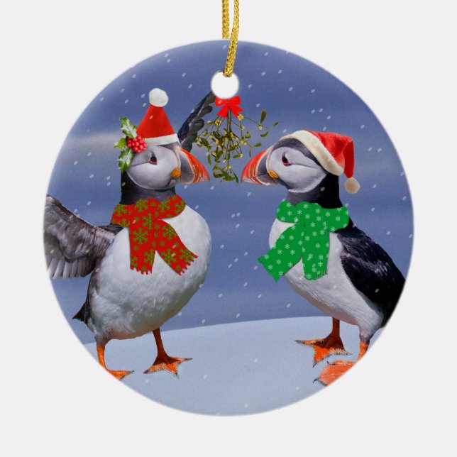 Cerâmica Ornamento de Puffins Festivos (Frente)