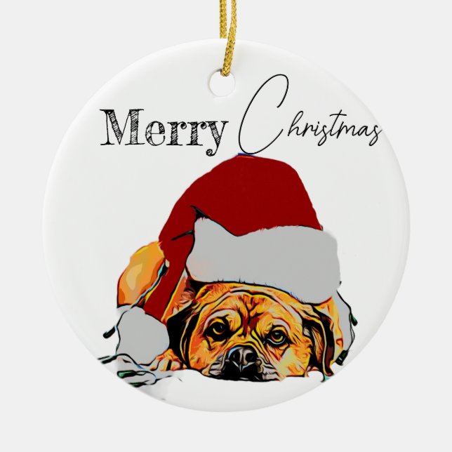 Cerâmica Ornamento de Puggle na Árvore de Natal (Frente)