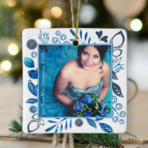 Cerâmica Ornamento de Quinceanera Azul-Cinza e Aqua Floral