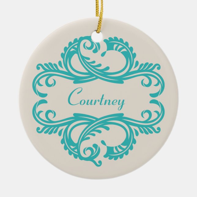 Cerâmica Ornamento de Teal Chic Damask (Frente)
