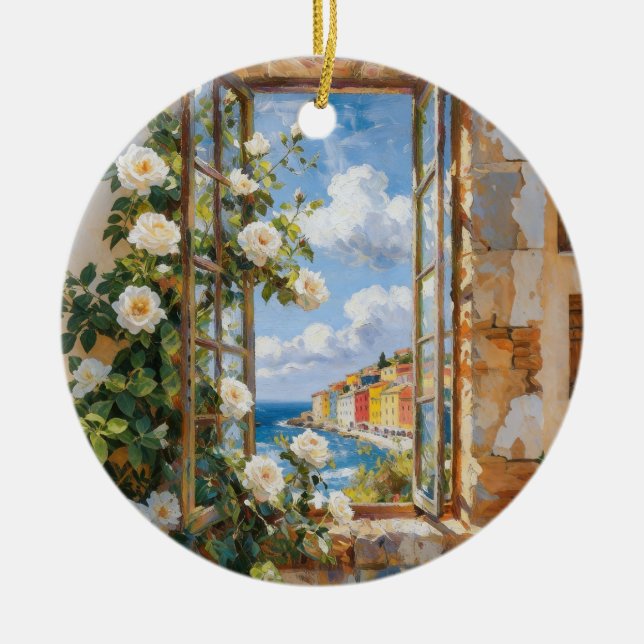 Cerâmica Ornamento de Vista para o Mar com Rosas Brancas (Frente)