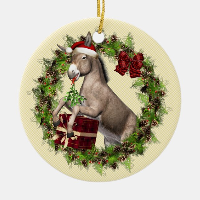 Cerâmica Ornamento de Wreath de Donkey, Natal Italiano (Frente)