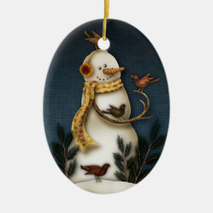 Cerâmica ornamento do boneco de neve e do pássaro