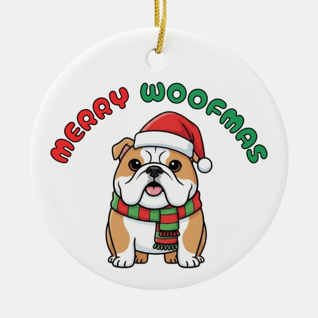 Cerâmica Ornamento do Bulldog de Natal: Feliz Woofmas (Frente)