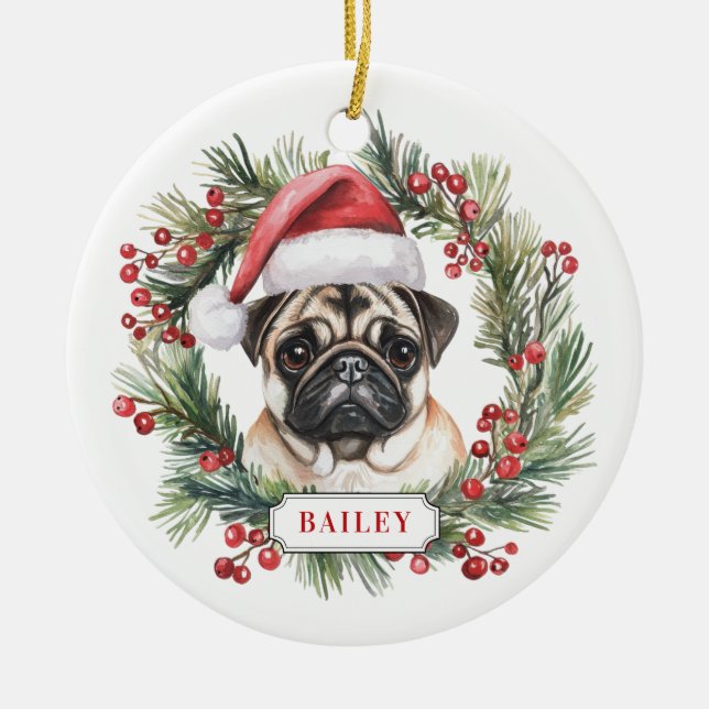 Cerâmica Ornamento do Círculo Cerâmico de Pug de Natal (Frente)