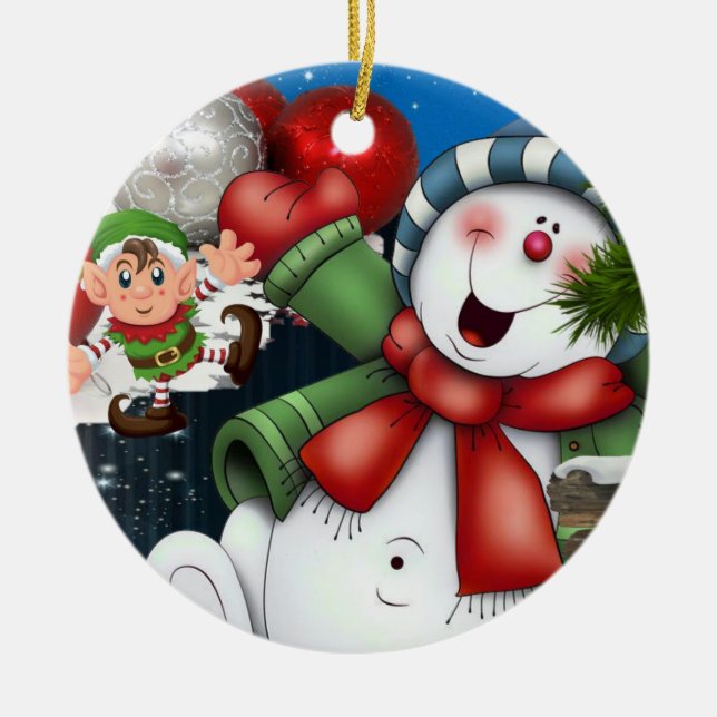 Cerâmica Ornamento do Círculo de Natal, Elf Snowman (Frente)