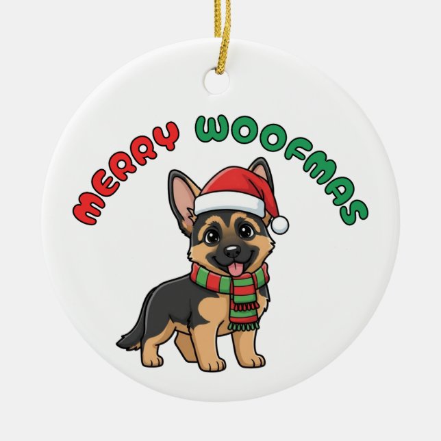 Cerâmica Ornamento do German shepherd de Natal: Feliz Woofm (Frente)