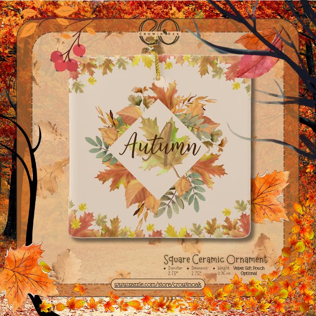 Cerâmica Ornamento do Monograma e Manutenção de Data do Map (Autumn Maple Leaves Ceramic Monogram & Date Square Keepsake Ornament Front.)