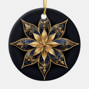 Cerâmica Ornamento Dourado de Flor Decorativo Azul
