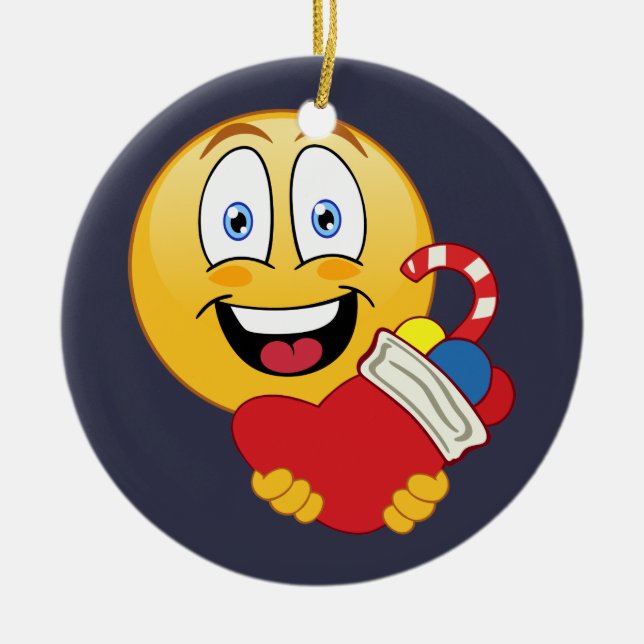 Cerâmica Ornamento feliz da meia do Natal de Emoji (Frente)