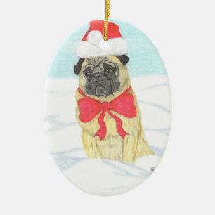 Cerâmica Ornamento Inspiracional de Pug de Neve