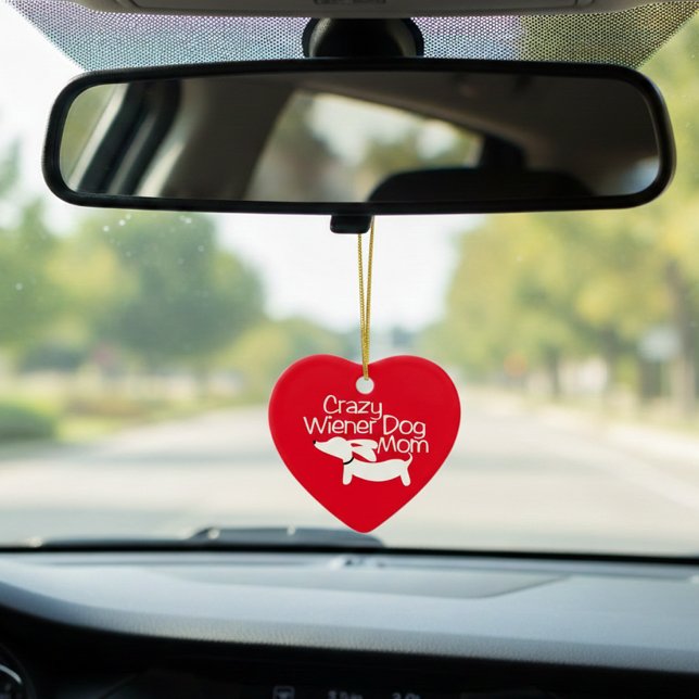 Cerâmica Ornamento louco Doxie da árvore de Natal da mamã (car rearview mirror charm - crazy wiener dog mom design)