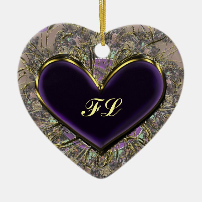 Cerâmica Ornamento Monogrammed elegante de Purple Heart (Frente)