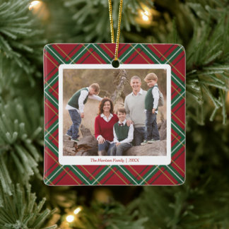 Cerâmica Ornamento Multi-Foto de Xadrez Vermelho de Natal C