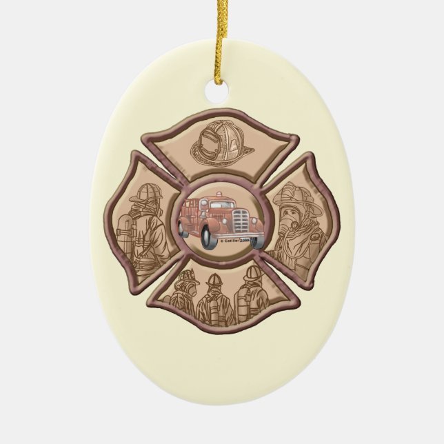 Cerâmica ornamento oval da Cruz Maltesa de Bombeiro (Frente)