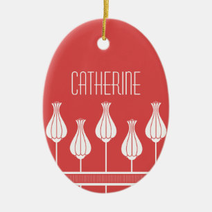 Cerâmica Ornamento Oval Floral de Arte Vermelha Deco