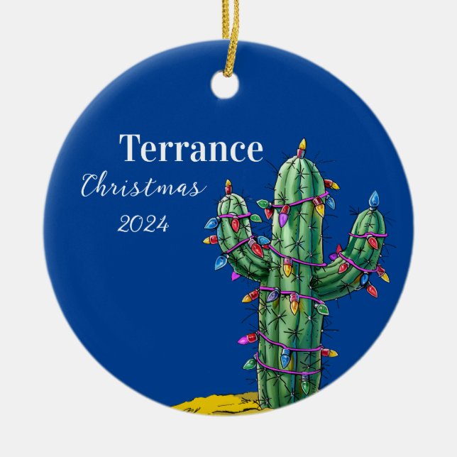 Cerâmica Ornamento Personalizado da Árvore de Natal Cactus (Frente)