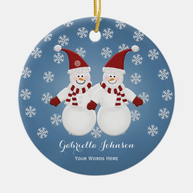 Cerâmica Ornamento Personalizado de Gêmeos Snowman (Frente)