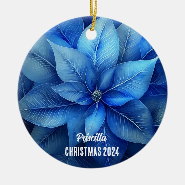 Cerâmica Ornamento Personalizado de Poinsettia Azul (Frente)