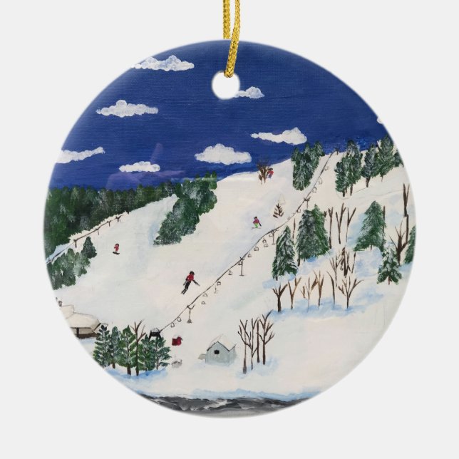 Cerâmica Ornamento Pintado de Esqui e Snowboard (Frente)
