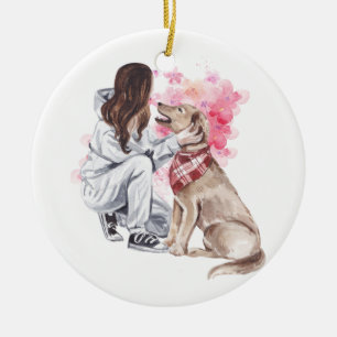 Cerâmica Ornamento Por Aquarela De Menina E Cão