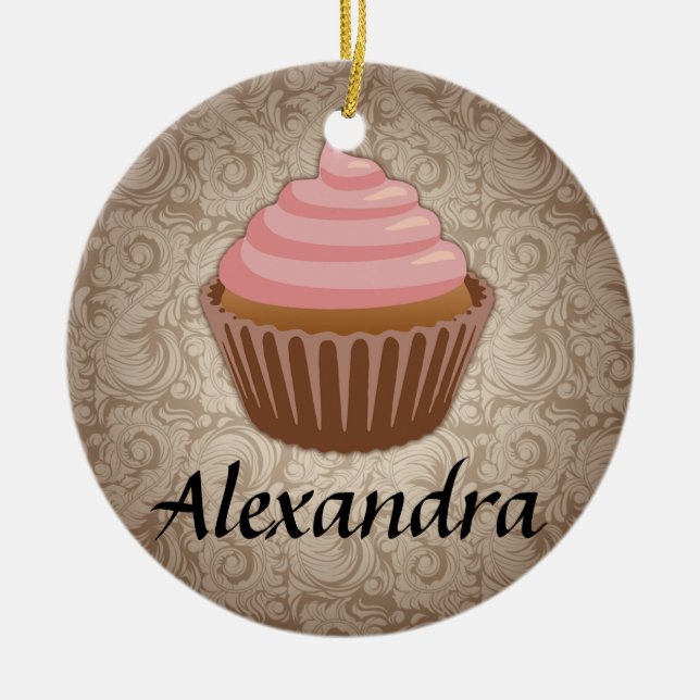 Cerâmica Ornamento redondo personalizado de Cupcake rosa e  (Frente)