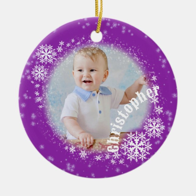 Cerâmica Ornamento Redondo Roxo Púrpura Flocos de Neve com  (Frente)