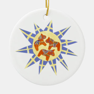 Cerâmica Ornamento sueco de bandeiras e cavalos de Dala