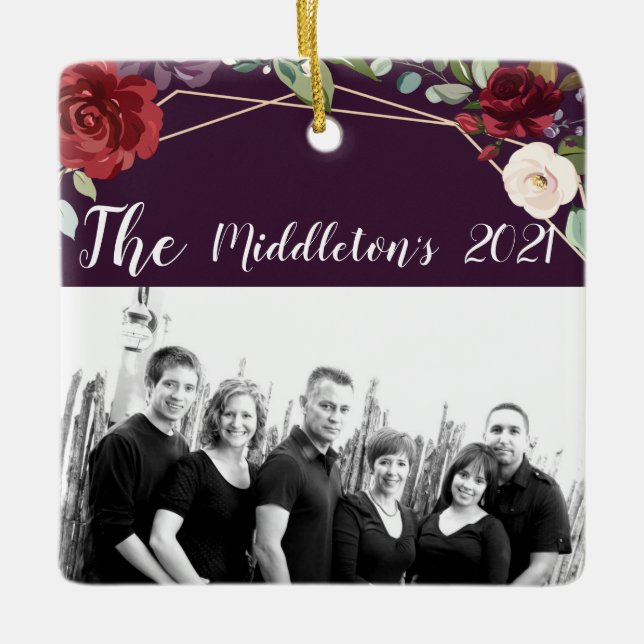 Cerâmica Ornamento XMAS Personalizado Rosas Roxos de ameixa (Frente)