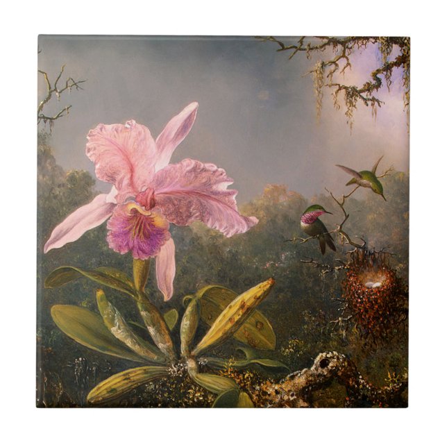 Cerâmica Orquídea rosa e Azulejo de três beija-flores (Frente)
