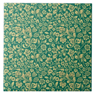 Cerâmica Ouro Padrão Floral e Azulejo de Fundo Turquesa
