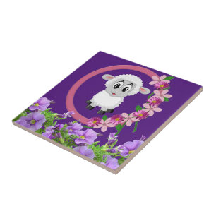 Cerâmica Ovelha de Azulejo Floral Roxo