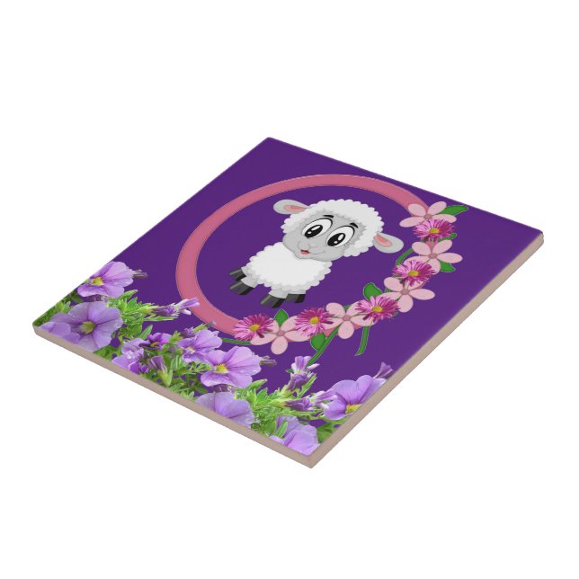 Cerâmica Ovelha de Azulejo Floral Roxo (Lateral)