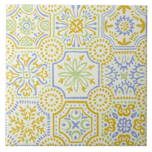 Cerâmica Padrão Boho de Azulejo Mediterrâneo em Aquarela
