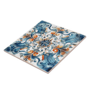 Cerâmica Padrão de Azulejo Azul e Laranja vibrante