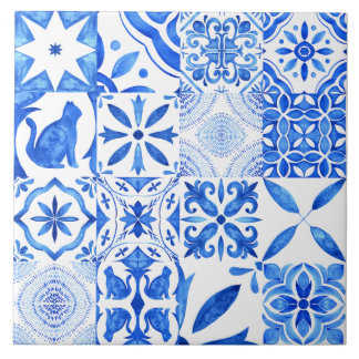 Cerâmica Padrão de azulejo branco azul mediterrâneo aquarel