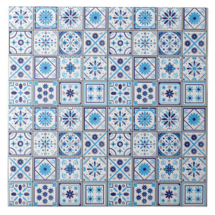 Cerâmica Padrão de azulejo branco azul mediterrâneo em aqua