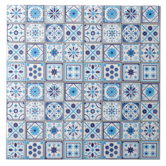 Cerâmica Padrão de azulejo branco azul mediterrâneo em aqua
