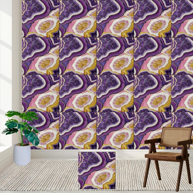 Cerâmica Padrão de Azulejo de Geodo Luminoso em Rosa Violet (Luminous Geode Tile Pattern in Violet Pink & Gold)