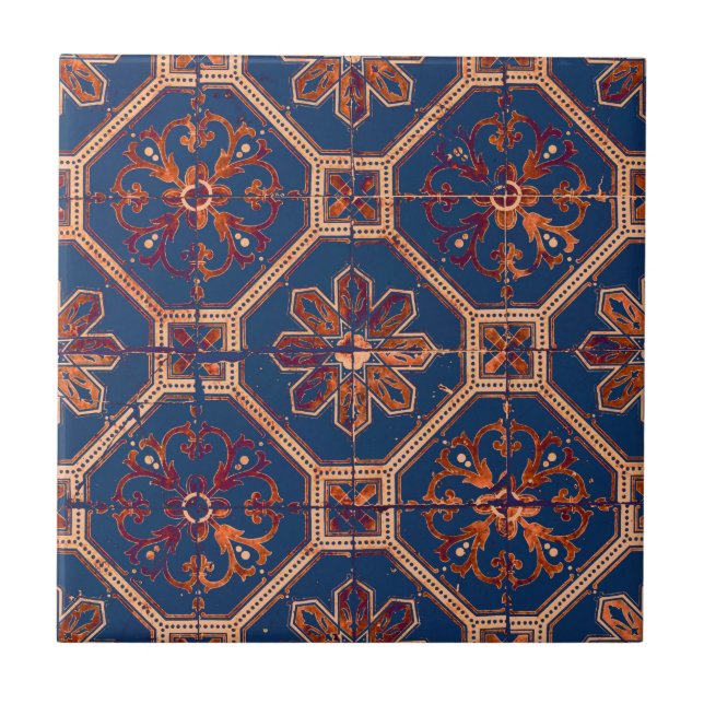 Cerâmica Padrão de Azulejo Étnico do Luxo | Azul e laranja (Frente)