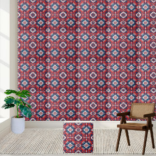 Cerâmica Padrão de Azulejo Floral Escandinavo Vermelho Azul