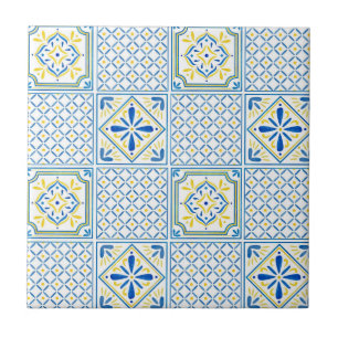 Cerâmica Padrão de Azulejo Mediterrâneo Azul e Amarelo
