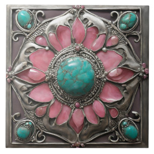 Cerâmica Padrão de azulejo mosaico Art Nouveau rosa e azul-