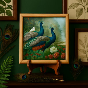 Cerâmica Par de Pavões Azul Turquesa Elegantes em Azulejo C