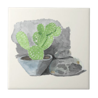 Cerâmica Pintura em Aquarela de Cacto Opuntia em Azulejo Ce